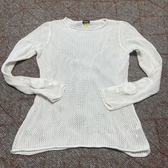 CABELAS Women’s Open Crochet Sweater Embroidered Detail Ivory Floral Size Large - Picture 2 of 10